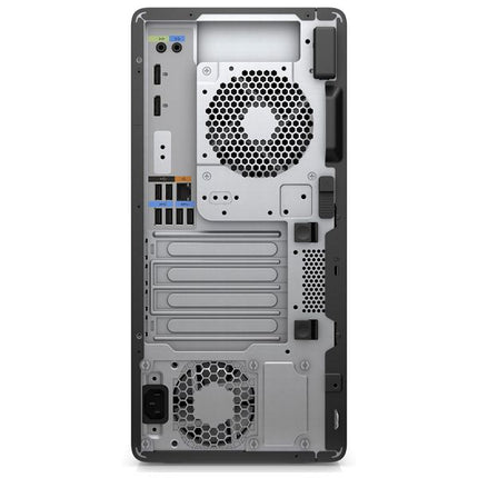 The rear view of a silver and black desktop computer tower showing the internal components, including fans, drive bays, and ports, on a white background.
HP Z2 G5 Tower Rabotna stantsia vtora upotreba - CPU i7 10700K