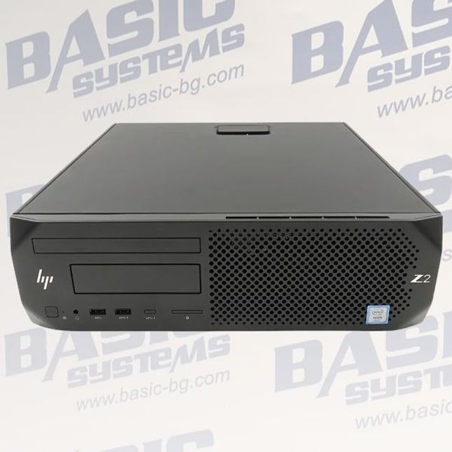 HP computer tower on a white background with 'Basic Systems' branding.
HP Z2 Small Form Factor G4 Rabotna stantsia vtora upotreba