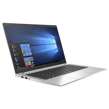 A silver HP laptop with a black keyboard and screen displaying the Windows desktop, shown from a three-quarters angle on a white background.
HP EliteBook 830 G8 Laptop vtora upotreba