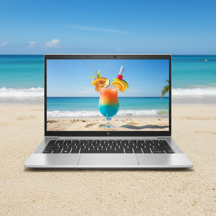 A silver HP laptop is open and centered on a sandy beach with the ocean and blue sky in the background. The laptop screen displays a colorful cocktail on a beach scene.
HP EliteBook 830 G8 Laptop vtora upotreba
