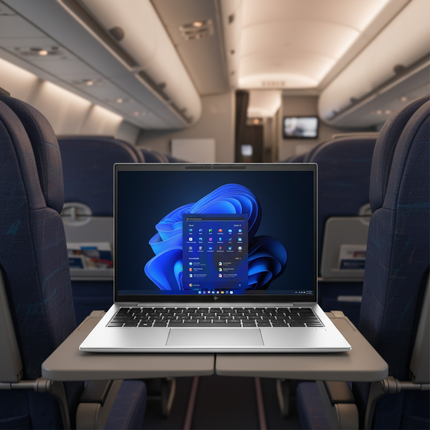 Laptop on a tray table in an airplane cabin with a blue flower wallpaper.
HP EliteBook 840 G10 Laptop vtora upotreba - I5 1345U, 16GB RAM DDR5, 