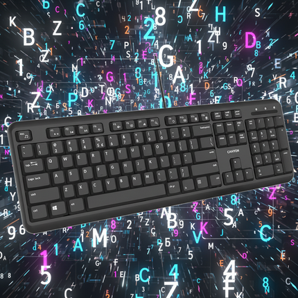 Black keyboard on a background of colorful letters and numbers
Klaviatura CANYON HKB-20 s kabel