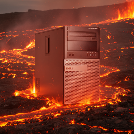 Dell computer tower in a fiery, volcanic landscape
Kompyutar vtora upotreba DELL OptiPlex 9020 Tower 