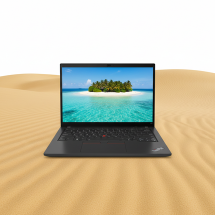 Laptop on sand with tropical island screen display
Lenovo ThinkPad T14 G4 Laptop vtora upotreba - CPU i7 1355U - 10 CORES, 16GB RAM DDR5