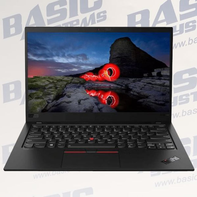 Lenovo ThinkPad X1 Carbon (8th Gen) Laptop vtora upotreba with a scenic display on a light gray background