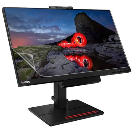 ThinkCentre all-in-one desktop computer with a black stand and base, featuring a screen protector partially peeled back from the left side of the screen. The screen displays a colorful landscape wallpaper with a red ring-like graphic.
24" Lenovo ThinkVision TIO24 Gen 4 Monitor vtora upotreba 