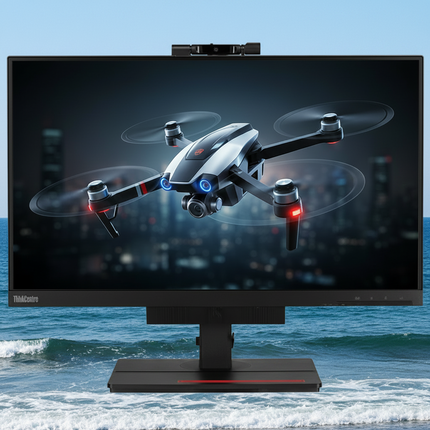 A black R3Mobs computer monitor with a webcam mounted on top, set against a background of an ocean scene with a drone flying in front of a city skyline displayed on the screen.
24" Lenovo ThinkVision TIO24 Gen 4 Monitor vtora upotreba 