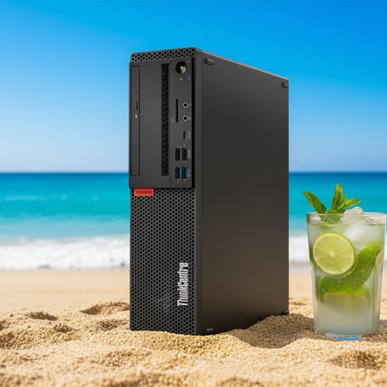 Computer tower on a sandy beach with a glass of mojito and ocean view
Lenovo ThinkCentre M720s SFF Kompyutar vtora upotreba