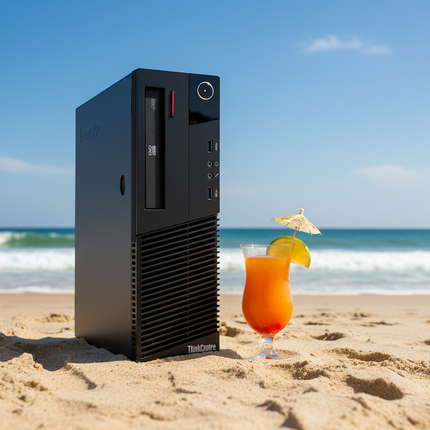 Computer tower on a sandy beach with a cocktail in the foreground
Lenovo ThinkCentre M83 sff