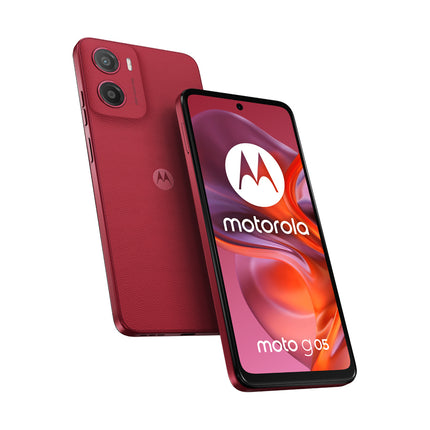 Red Motorola smartphone showing front and back on a white background