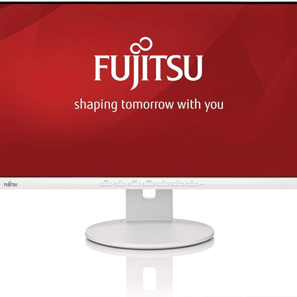 Fujitsu computer monitor with red background and logo