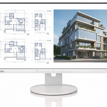 Computer monitor displaying architectural plans and a 3D model of a building
