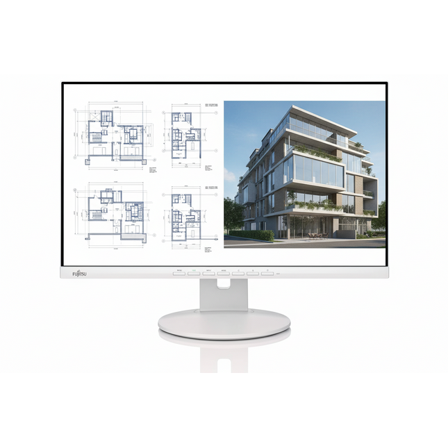 Computer monitor displaying architectural plans and a 3D model of a building