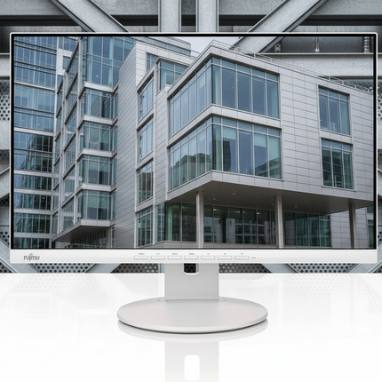 Computer monitor displaying an image of a modern building, placed on a reflective surface with a metallic background.