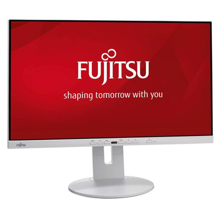 A Fujitsu computer monitor with a white stand and bezel, displaying a red screen with the white Fujitsu logo and the tagline 'shaping tomorrow with you'.
Monitor vtora upotreba Fujitsu P24-9T 
