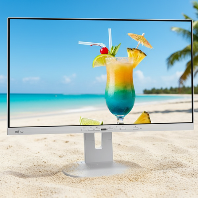 A Fujitsu desktop monitor with a white stand, shown on a sandy beach with a tropical drink displayed on the screen.
Monitor vtora upotreba Fujitsu P24-9T 