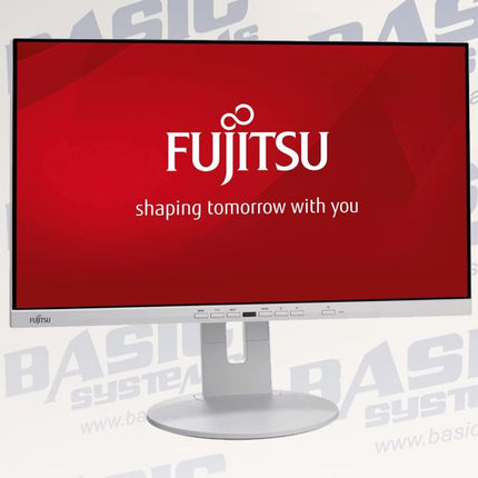 A Fujitsu desktop computer monitor with a silver stand and base, displaying a red screen with the white Fujitsu logo and slogan. The background is white with a faint repeating watermark of 'BASIC SYSTEMS'.
Monitor vtora upotreba Fujitsu P24-9T 