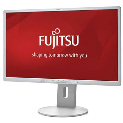 A silver Fujitsu desktop computer monitor with a white stand, displaying a red screen with the white Fujitsu logo and text.
Monitor vtora upotreba Fujitsu P24-9T 