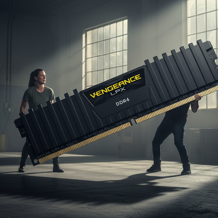 Two people lifting a large Vengeance LPX RAM module in a warehouse setting.