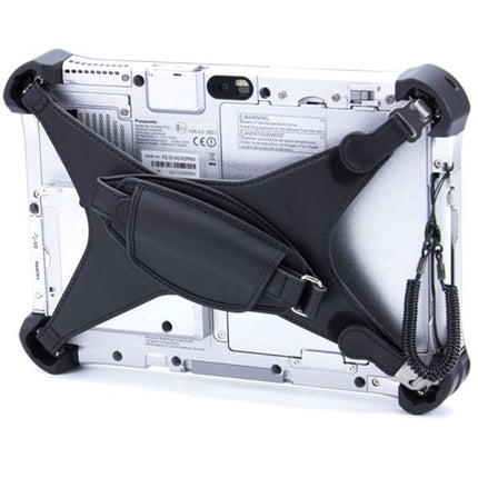 Back view of a Panasonic device with a black strap and coiled cable on a white background