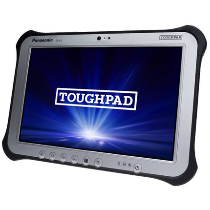 Panasonic TOUGHPAD tablet with a blue screen on a white background