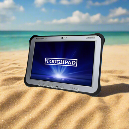 Panasonic Toughpad tablet on a sandy beach with ocean view