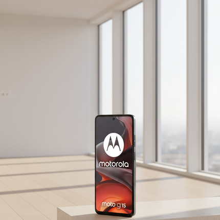 Motorola phone on a surface with large windows in the background
