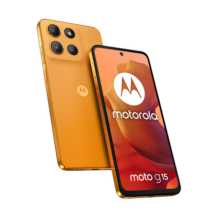 Motorola smartphone with orange back and screen displaying the brand logo on a white background