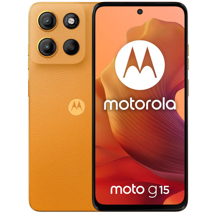 Motorola smartphone with orange back and screen displaying the brand logo