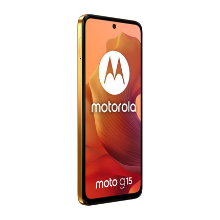 Motorola Moto G15 smartphone with colorful display on a white background