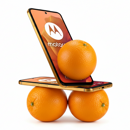 Phone with a Moto logo balanced on three oranges on a white background