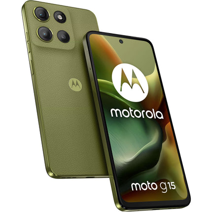 Green Motorola smartphone showing front and back on a white background
