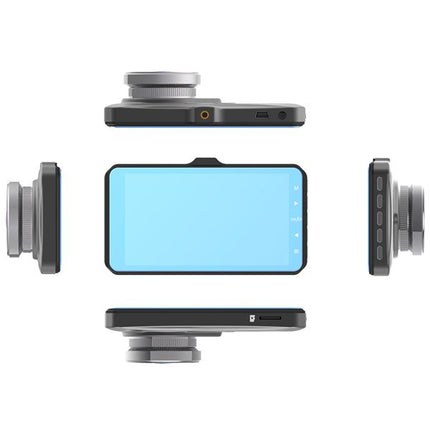 A smartphone-style device shown from multiple angles on a plain white background, including top, front, side, and bottom views. The front screen area is a light blue placeholder, while the device body appears dark gray to black with metallic silver rings.
TRACER 4TS FHD CRUX Dash Cam FHD Videoregistrator 4.0D, Rezhim na parkirane, Detektor na dvizhenie