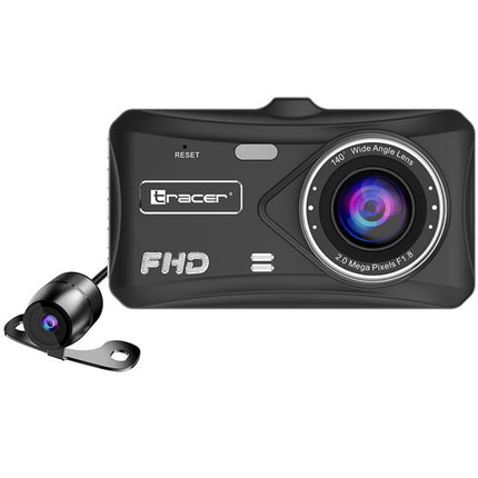 Black Gracer FHD dash cam with a wide-angle lens and an attached rear camera module, shown on a plain white background.
TRACER 4TS FHD CRUX Dash Cam FHD Videoregistrator 4.0D, Rezhim na parkirane, Detektor na dvizhenie