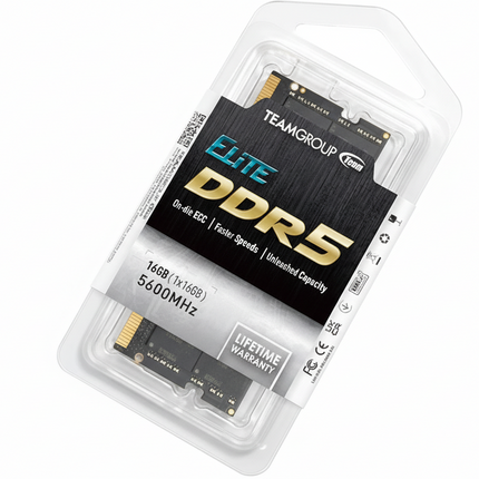 DDR5 memory module in packaging with TeamGroup branding on a white background