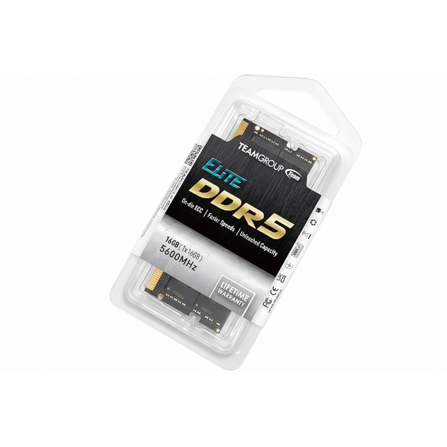 DDR5 memory module in packaging with TeamGroup branding on a white background