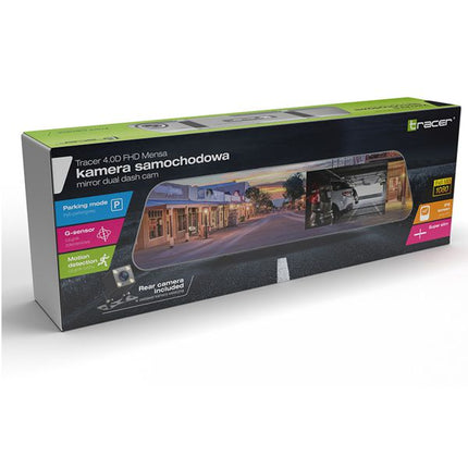 Racer Tracer 4.00 FHD Mini rear dual dash cam in its retail packaging, featuring a black box with green accents and a clear window displaying the camera's viewfinder.
Tracer Mensa FHD Videoregistrator 4.0D, Rezhim na parkirane