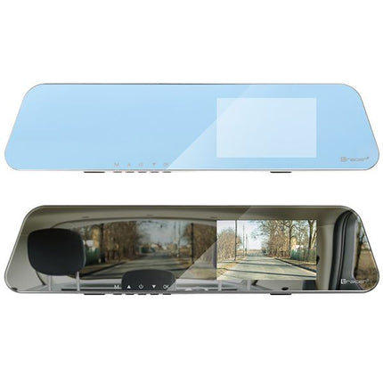 A rear-view mirror style car dash cam shown from two angles on a white background: the top view shows the light blue reflective surface, and the bottom view shows the mirror installed on a car with a split screen displaying the rear view and a side camera feed.
Tracer Mensa FHD Videoregistrator 4.0D, Rezhim na parkirane