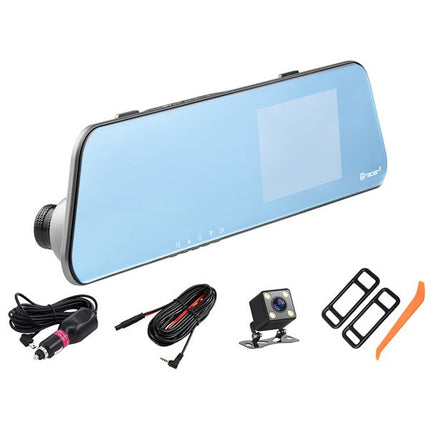 A rear-view mirror car camera kit with a light blue reflective mirror, a small black rear camera, a cigarette lighter power adapter cable, a 12V power cable, two mounting brackets, and an orange plastic tool, all displayed on a white background.
Tracer Mensa FHD Videoregistrator 4.0D, Rezhim na parkirane