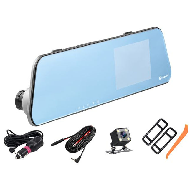 A rear-view mirror car camera kit with a light blue reflective mirror, a small black rear camera, a cigarette lighter power adapter cable, a 12V power cable, two mounting brackets, and an orange plastic tool, all displayed on a white background.
Tracer Mensa FHD Videoregistrator 4.0D, Rezhim na parkirane