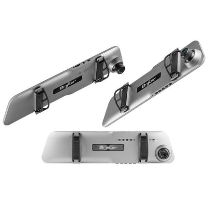 Three views of a silver and black rear-view mirror dash cam with a mounted camera, shown on a plain white background.
Tracer Mensa FHD Videoregistrator 4.0D, Rezhim na parkirane