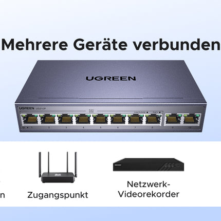 UGREEN PoE Switch 10 Port Gigabit LAN Switch с 8 x PoE Gigabit порта + 2 x Gigabit порта (60 W, VLAN, метален корпус)