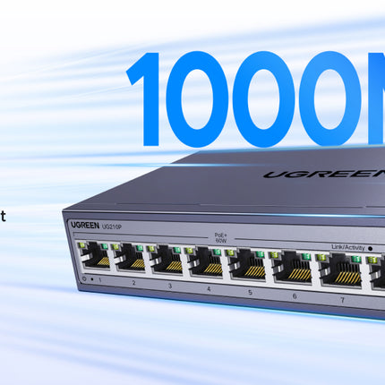 UGREEN PoE Switch 10 Port Gigabit LAN Switch с 8 x PoE Gigabit порта + 2 x Gigabit порта (60 W, VLAN, метален корпус)