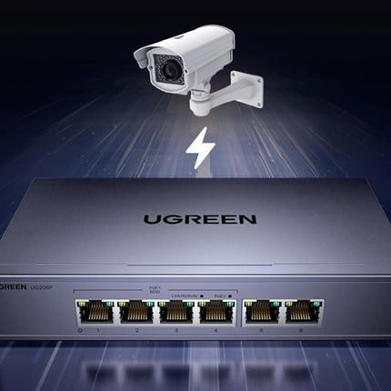 UGREEN PoE Switch 6 Port Gigabit LAN Switch с 4 x PoE Gigabit порта + 2 x Gigabit порта (60 W, VLAN, метален корпус)