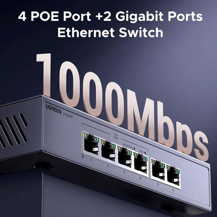 UGREEN PoE Switch 6 Port Gigabit LAN Switch с 4 x PoE Gigabit порта + 2 x Gigabit порта (60 W, VLAN, метален корпус)