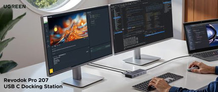 Two computer monitors and a laptop on a desk with a person using a keyboard, featuring UGREEN Revodok Pro 207 USB C Docking Station.