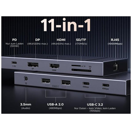11-in-1 multi-port USB hub with various connectivity options on a black background