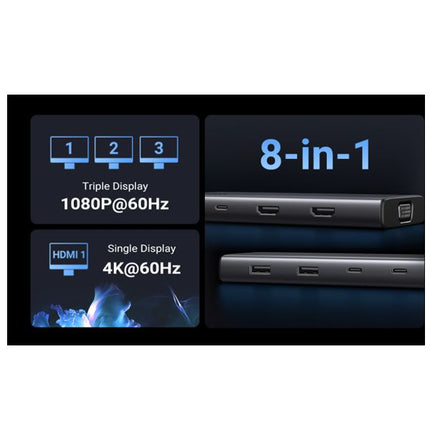 UGREEN Revodok Pro 308 до три монитора Docking Station USB C Hub 2HDMI, VGA, 4 x 10Gbps USB Ports, PD 100 W