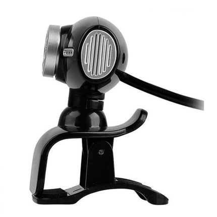 A black and silver clip-on webcam with an adjustable stand and attached cable, shown against a plain white background.
Ueb kamera BC2014
