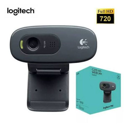 Logitech C270 HD Webcam in dark gray shown next to its teal retail packaging box, with 'Full HD 720' badge in the top right corner.
Ueb kamera LOGITECH C270 - 1280 x 720 px, s mikrofon 24 mesetsa garantsia